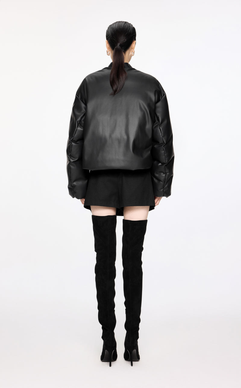 Damen Avantgarde Boxy Daunenjacke mit Leder Optik