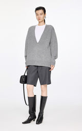 Damen Loose Strickpullover mit tiefem V-Ausschnitt Grau