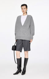 Damen Loose Strickpullover mit tiefem V-Ausschnitt Grau JNBY