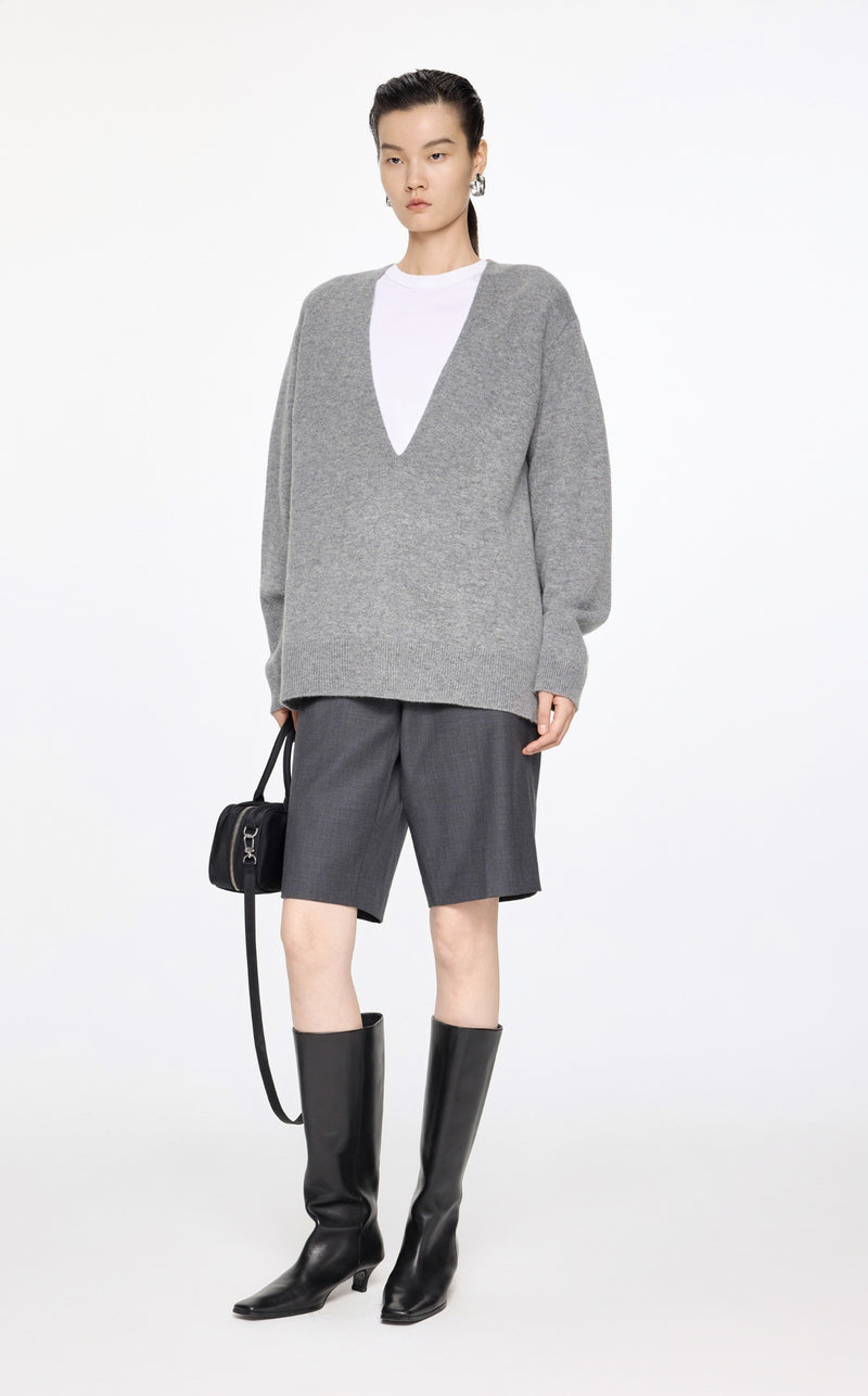 Damen Loose Strickpullover mit tiefem V-Ausschnitt Grau