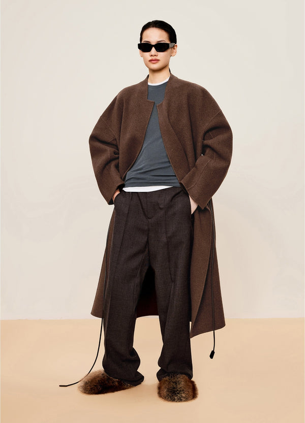 Damen lockere Anzug Wollhose mit Bügelfalte Braun