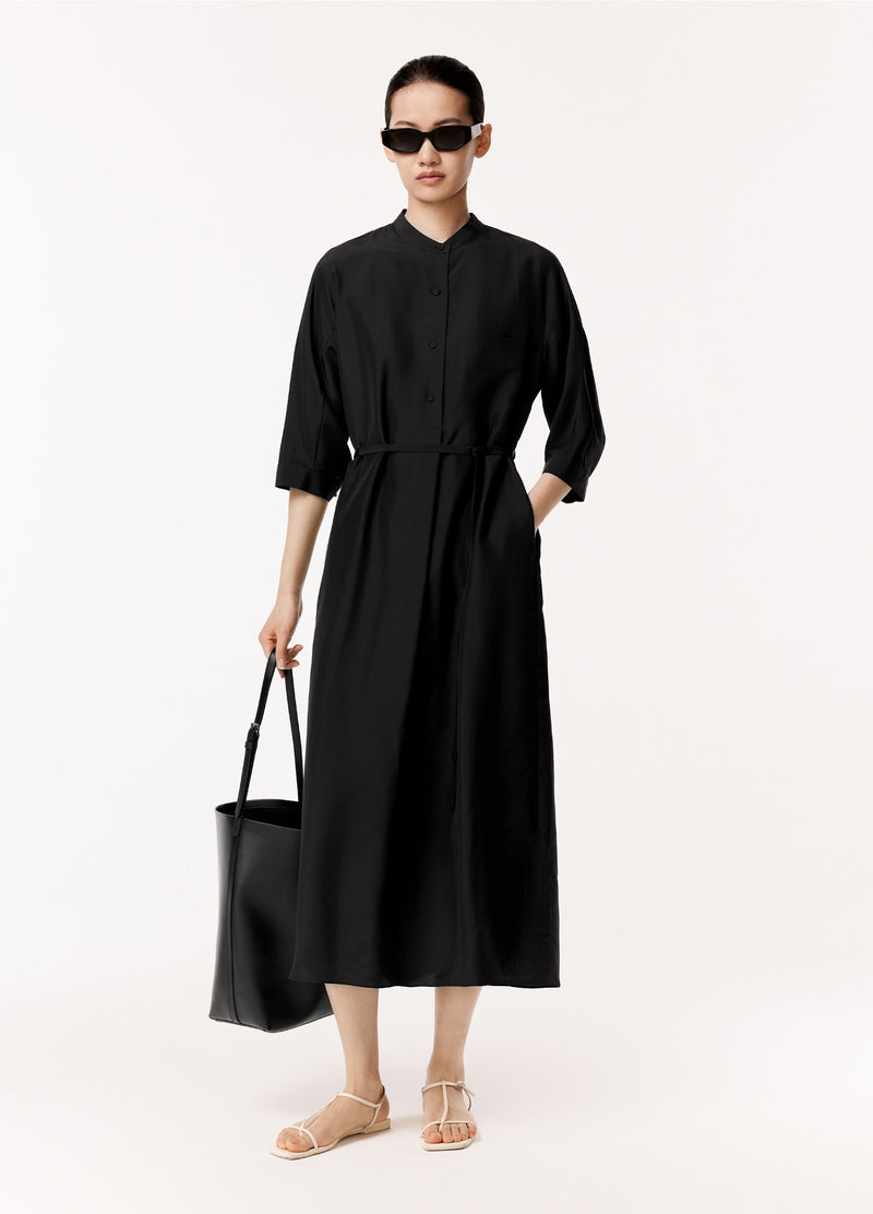 Damen Seidenkleid mit Knöpfen & Bindeband Schwarz