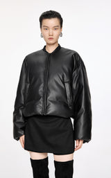 Damen Avantgarde Boxy Daunenjacke mit Leder Optik