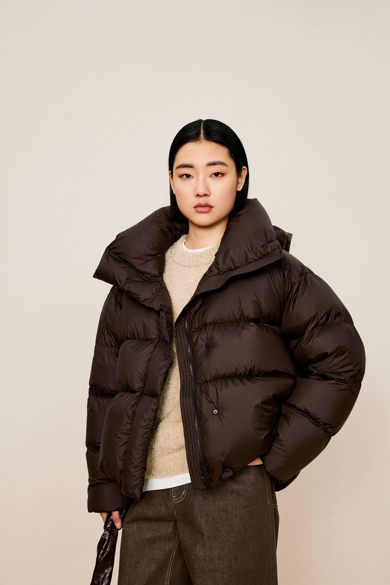 Damen elegante Daunenjacke mit abnehmbarer Kapuze in Braun