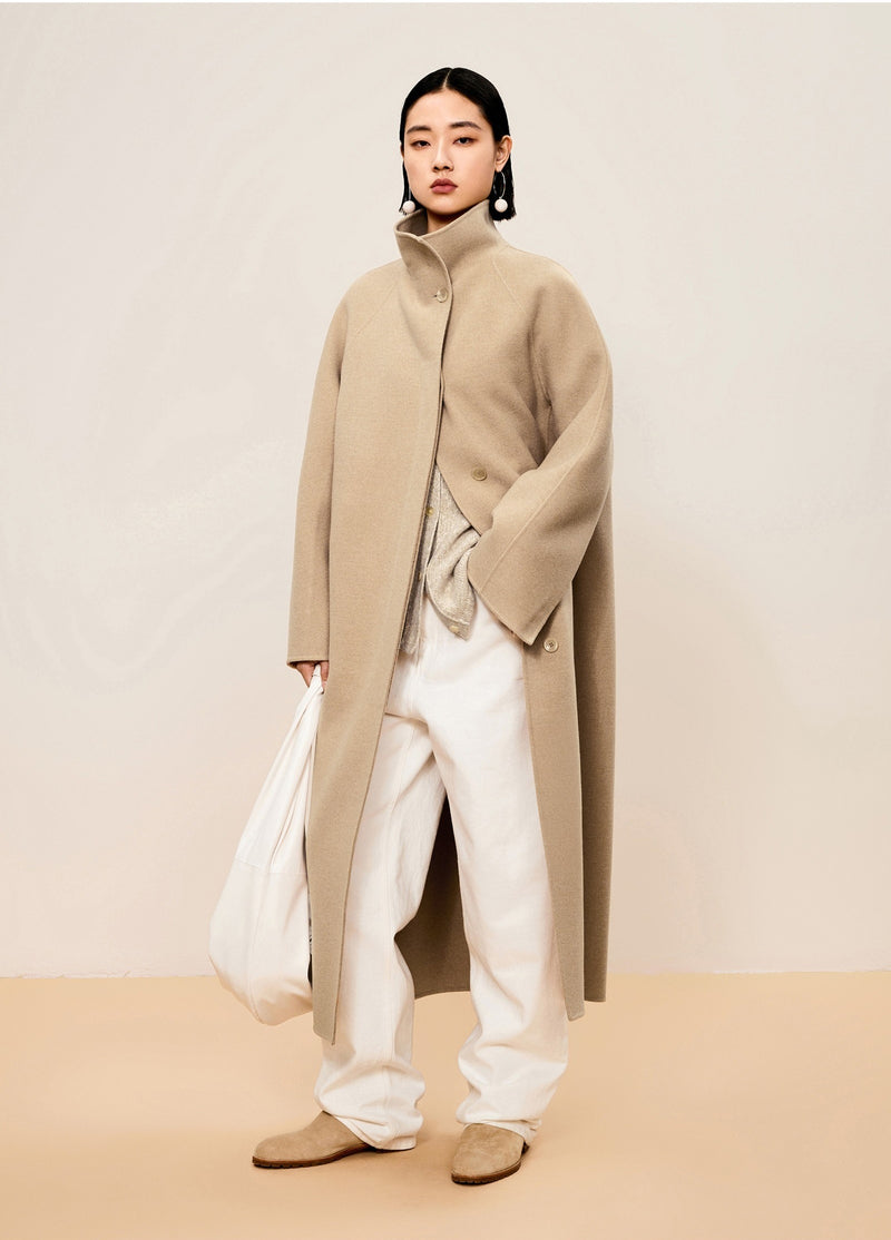 Damen Regular Wollmantel mit gerader Linie in Beige