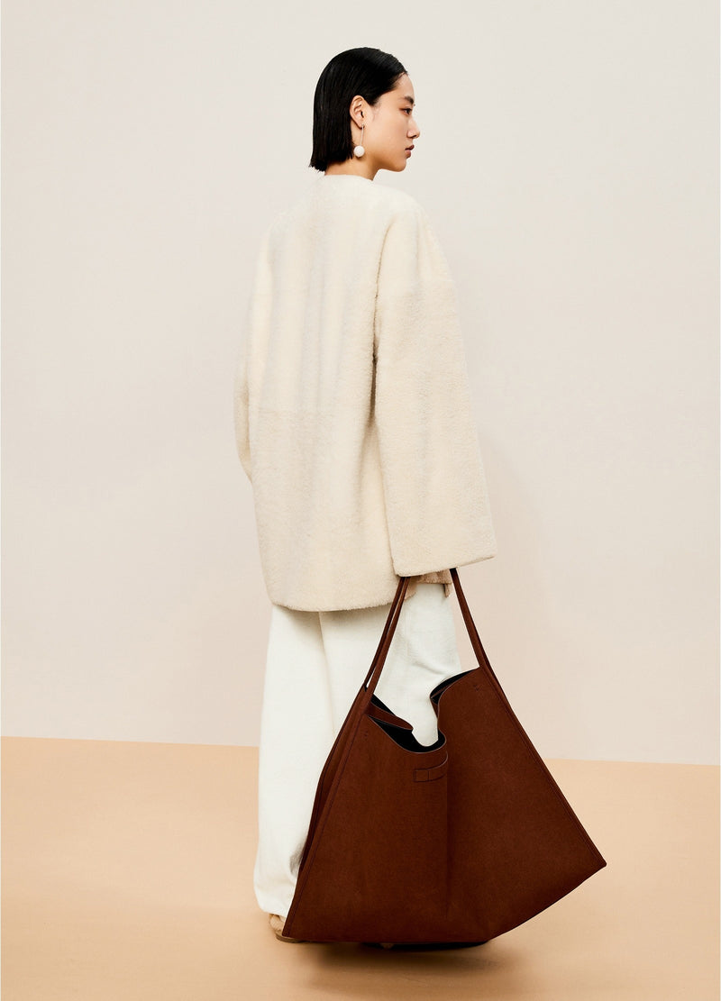 Damen Loose Lamm Felljacke mit Bindeband Off-White