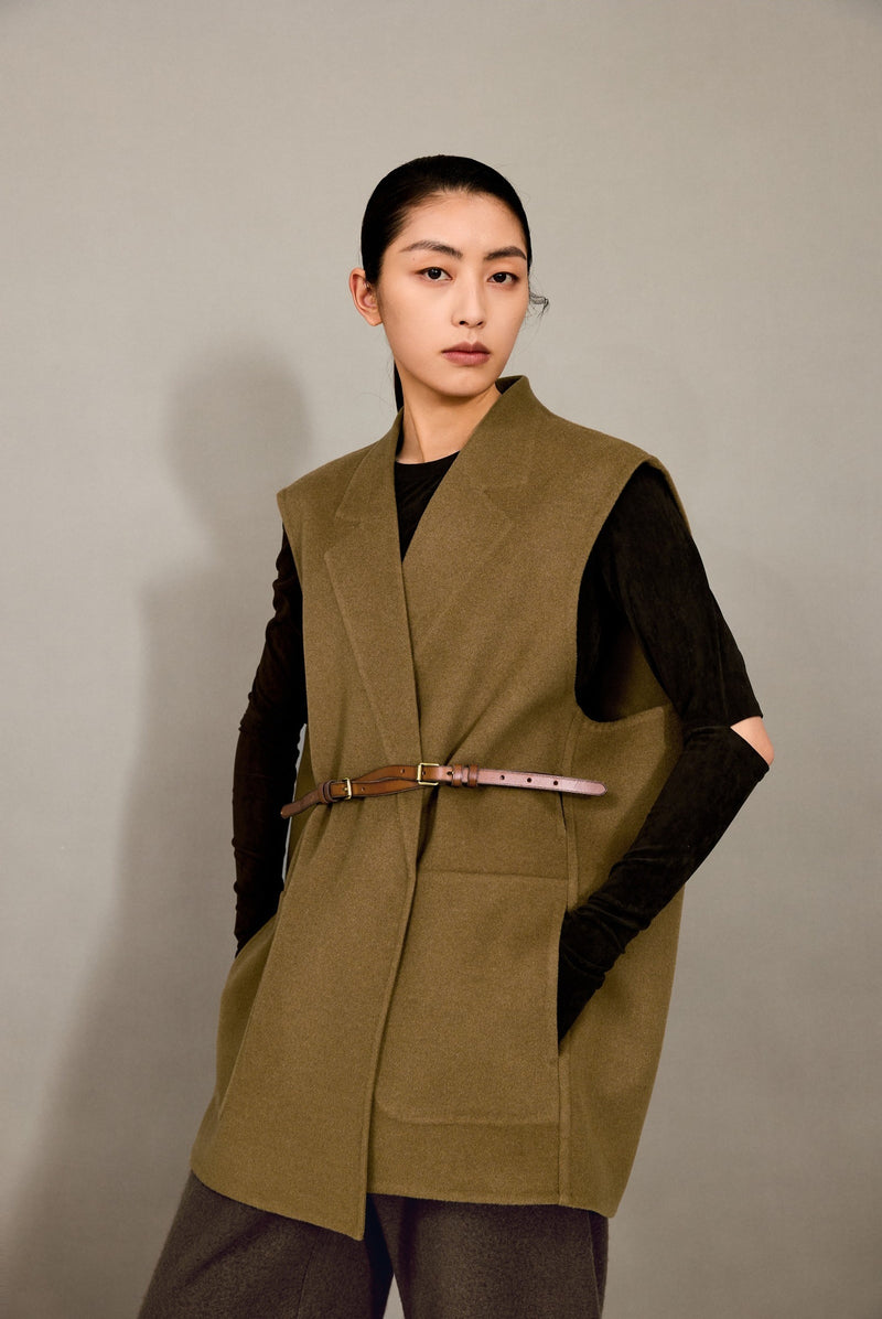 Damen Regular Wollweste mit Reverskragen & Bindeband