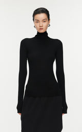 Damen Slim Strickpullover mit hohem Stehkragen Schwarz JNBY