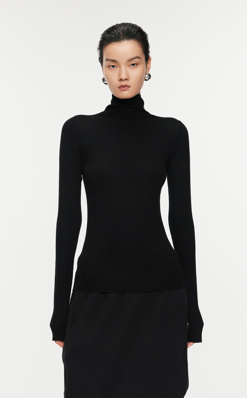 Damen Slim Strickpullover mit hohem Stehkragen Schwarz