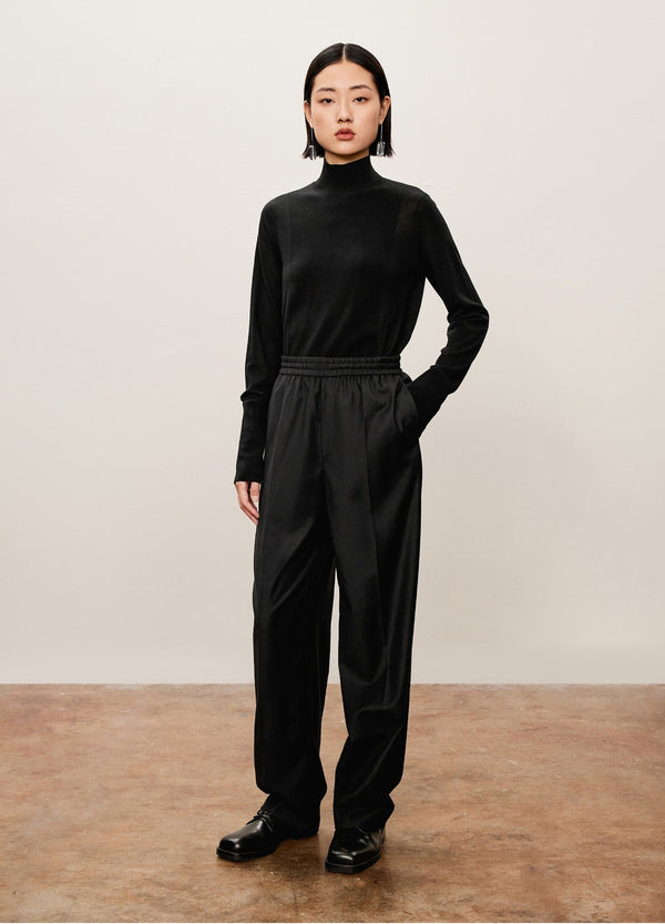 Damen weite Anzughose mit Bügelfalte & Gummibund Schwarz