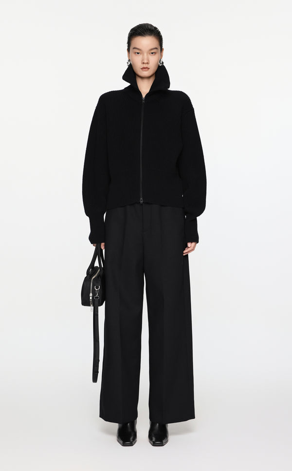 Schwarzer Strick-Cardigan mit Zipper & Kragen – Modern & Elegant