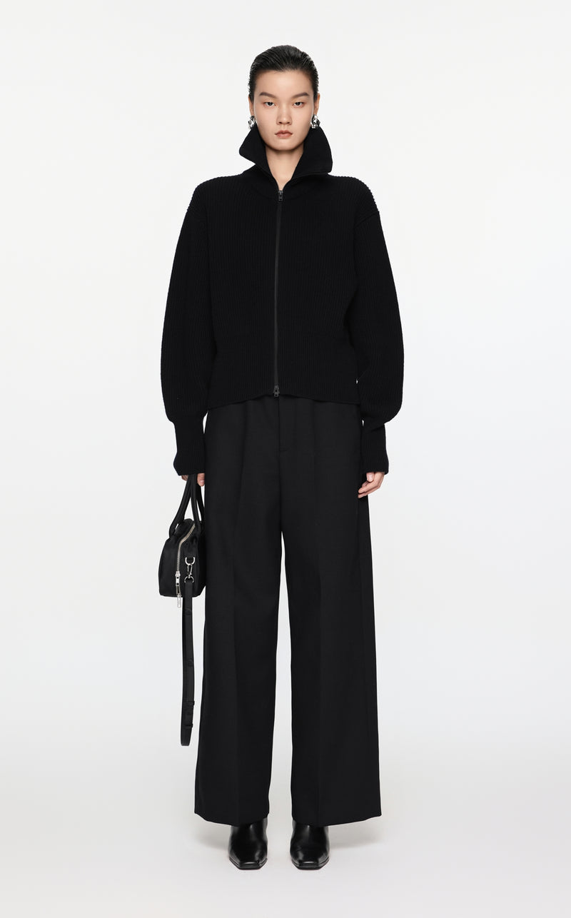 Schwarzer Strick-Cardigan mit Zipper & Kragen – Modern & Elegant