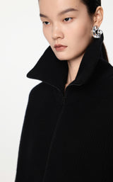 Schwarzer Strick-Cardigan mit Zipper & Kragen – Modern & Elegant