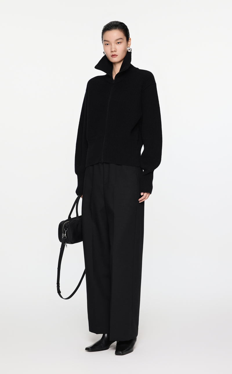 Schwarzer Strick-Cardigan mit Zipper & Kragen – Modern & Elegant