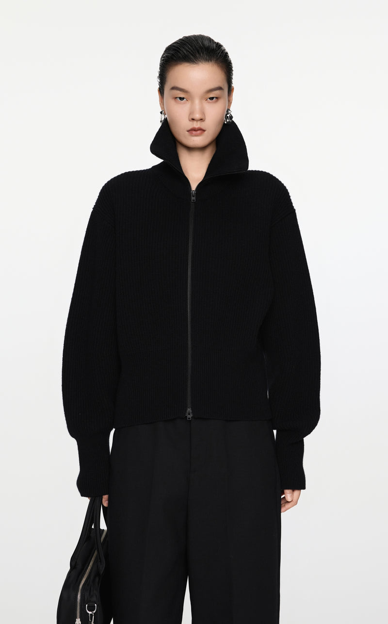 Schwarzer Strick-Cardigan mit Zipper & Kragen – Modern & Elegant