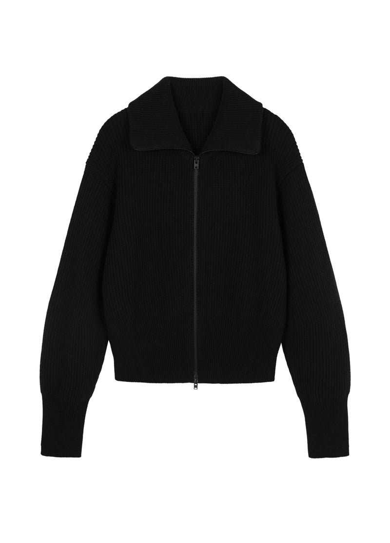 Schwarzer Strick-Cardigan mit Zipper & Kragen – Modern & Elegant