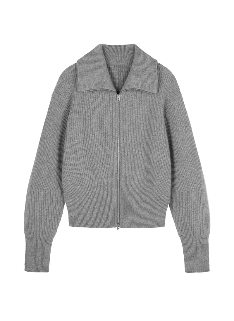 Grauer Strick-Cardigan mit Zipper & Kragen – Modern & Elegant