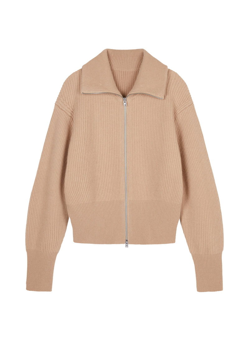 Camel Strick-Cardigan mit Zipper & Kragen – Modern & Elegant