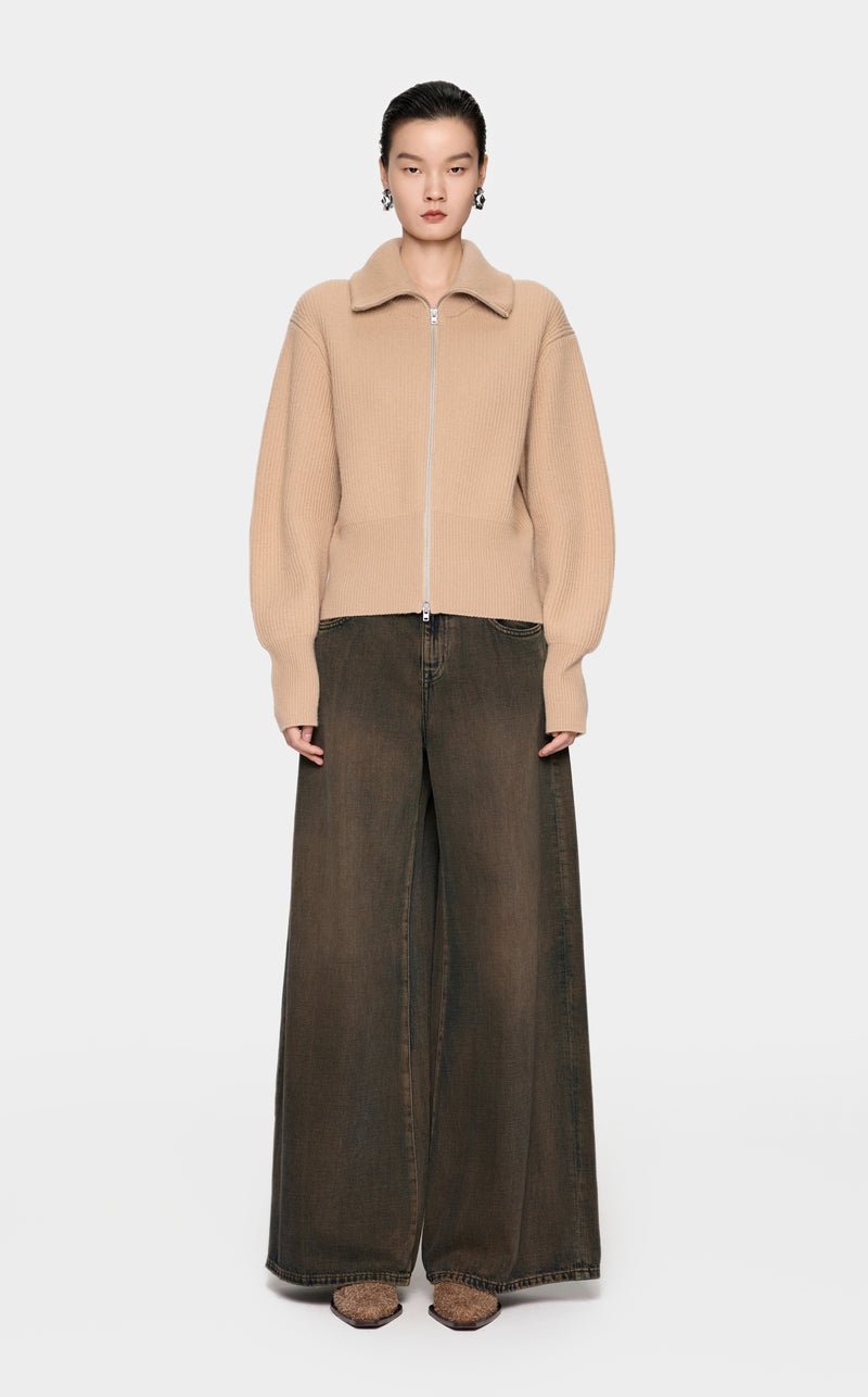 Camel Strick-Cardigan mit Zipper & Kragen – Modern & Elegant