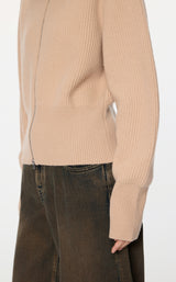 Camel Strick-Cardigan mit Zipper & Kragen – Modern & Elegant