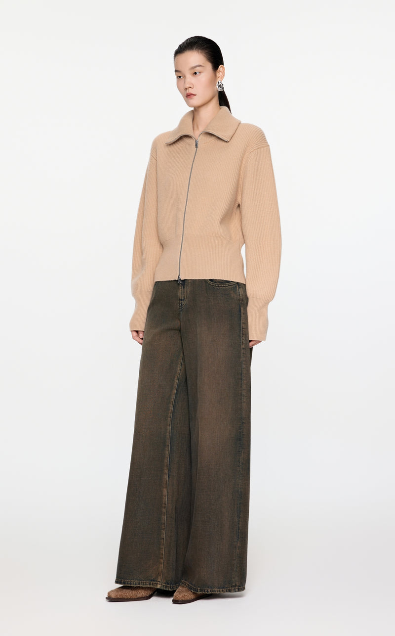 Camel Strick-Cardigan mit Zipper & Kragen – Modern & Elegant