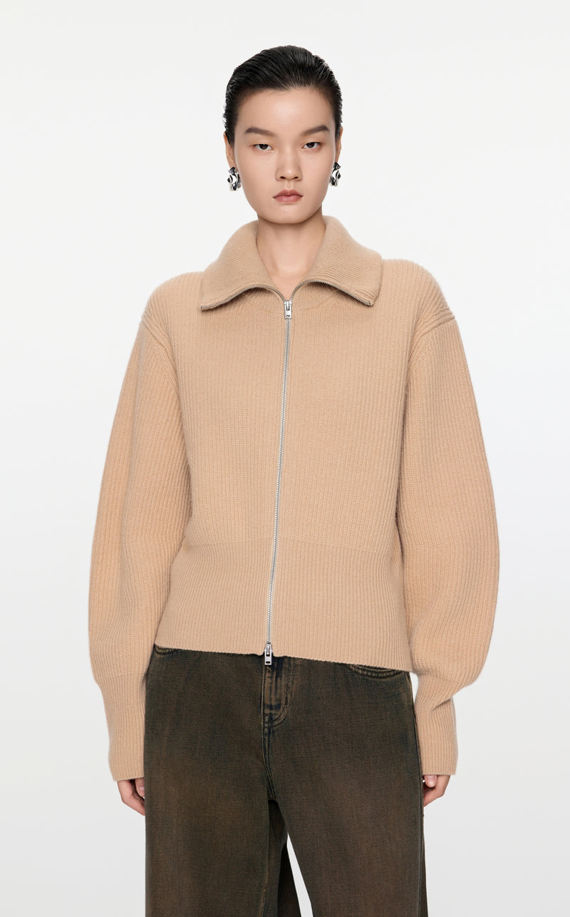 Camel Strick-Cardigan mit Zipper & Kragen – Modern & Elegant