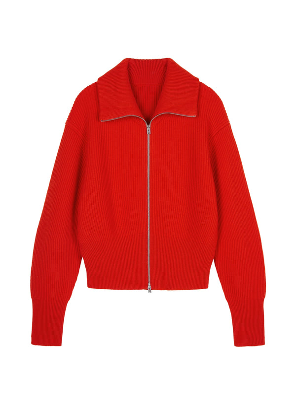 Roter Strick-Cardigan mit Zipper & Kragen – Modern & Elegant
