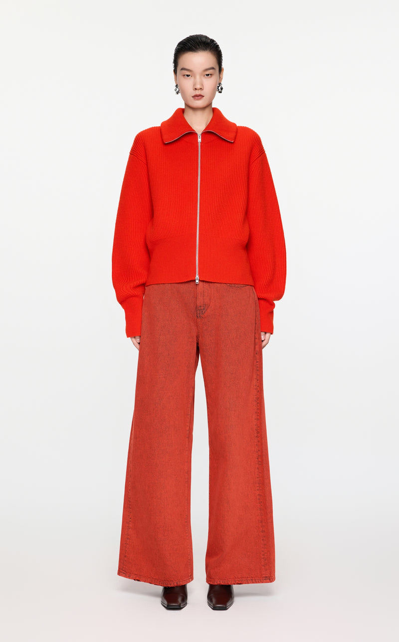 Roter Strick-Cardigan mit Zipper & Kragen – Modern & Elegant