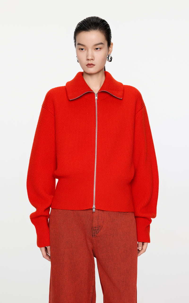 Roter Strick-Cardigan mit Zipper & Kragen – Modern & Elegant