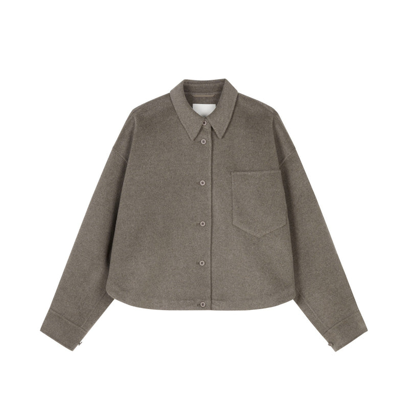 Damen Boxy Wolljacke mit großer Brusttasche & rundem Saum in Braun