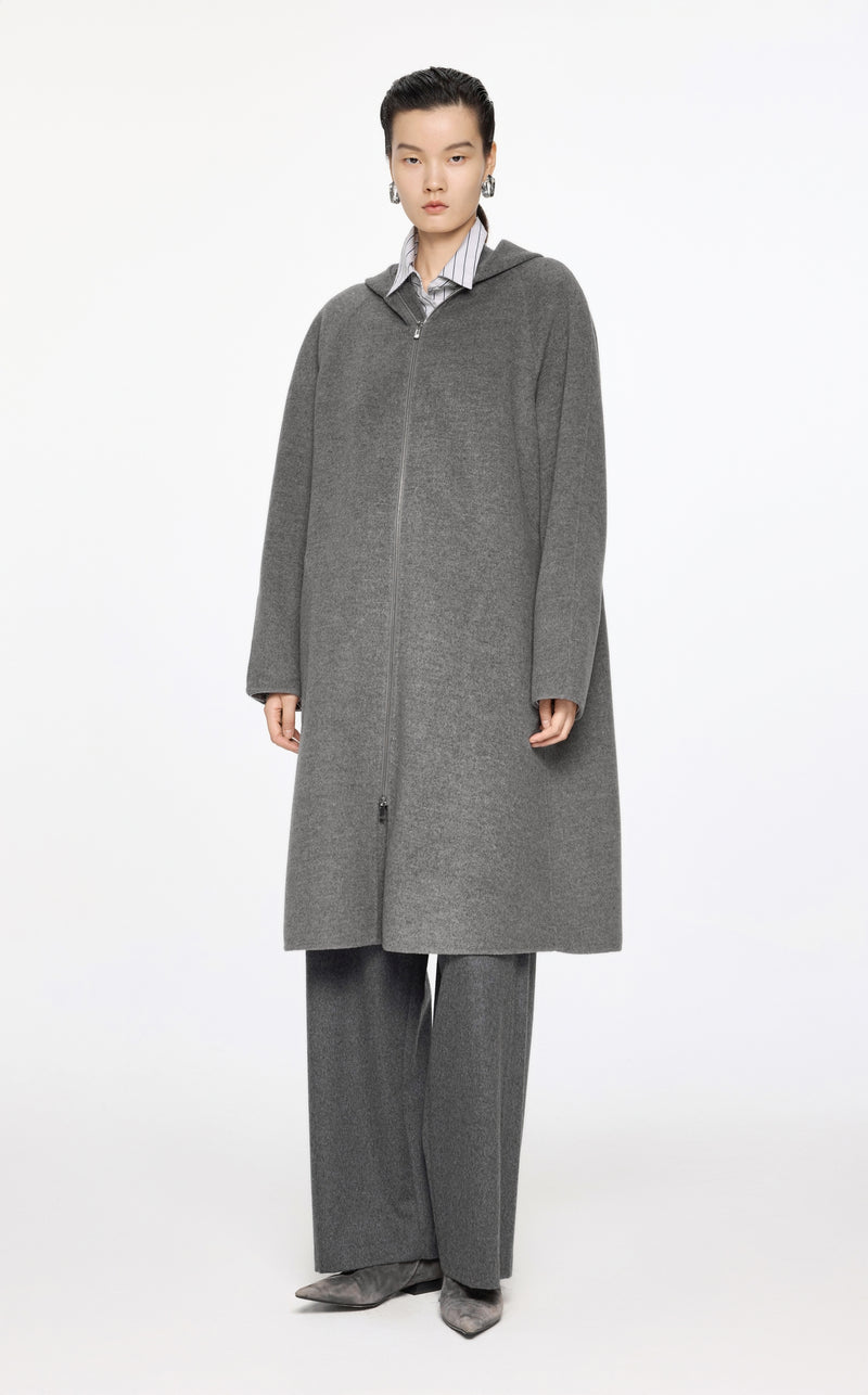 Eleganter Wollmantel mit Kapuze und Reißverschluss – Grau, minimalistisches Design