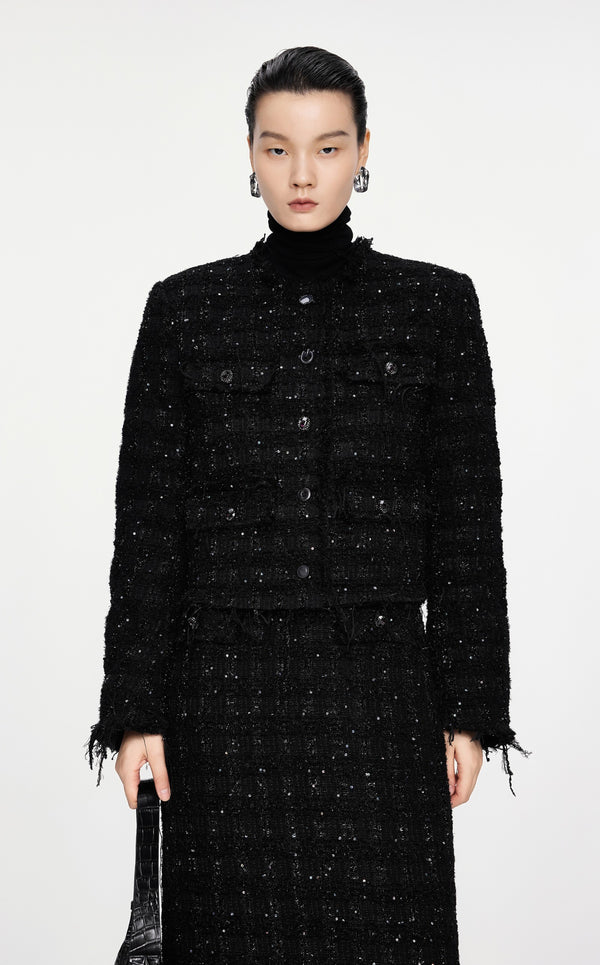 Damen Regular Daunenjacke mit Funkel-Optik & Fransensaum