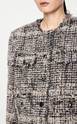 Moderne Damen Bouclé Kurzjacke mit Fransen & Statement-Knöpfen