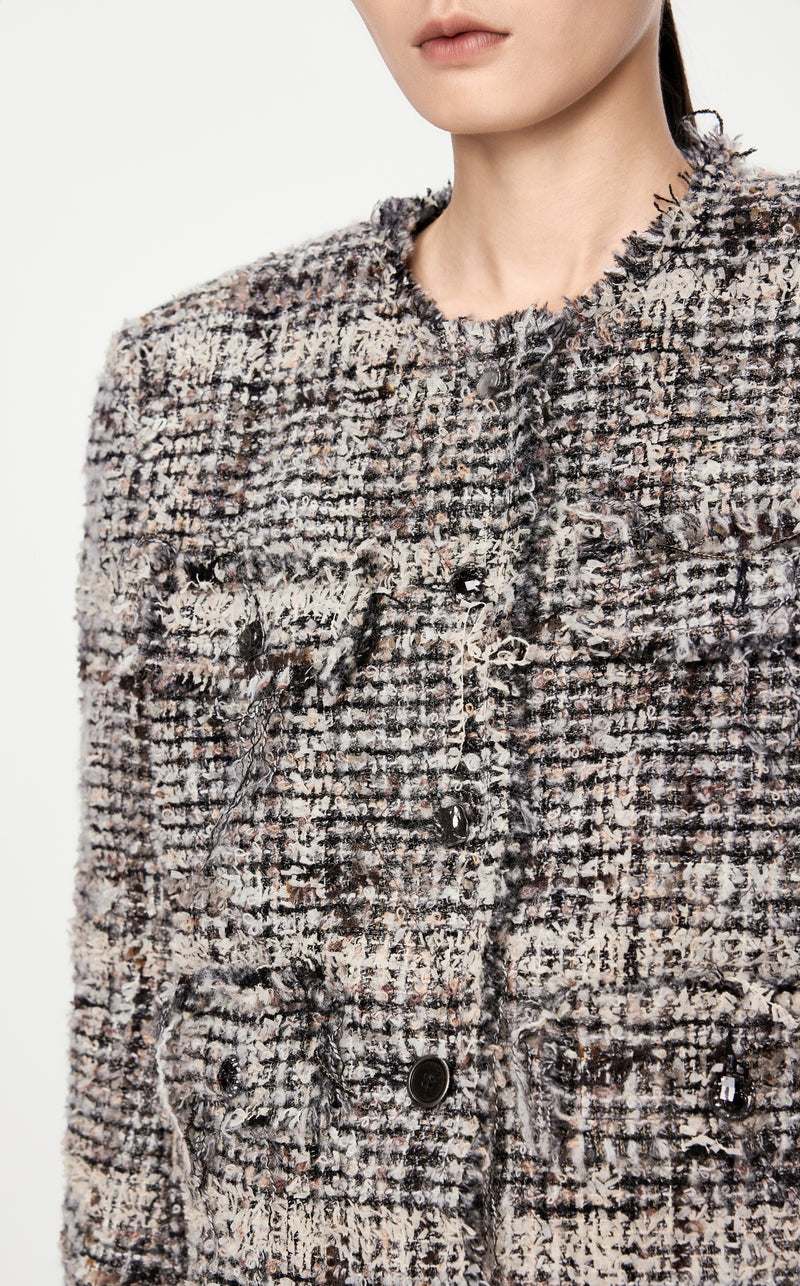 Moderne Damen Bouclé Kurzjacke mit Fransen & Statement-Knöpfen