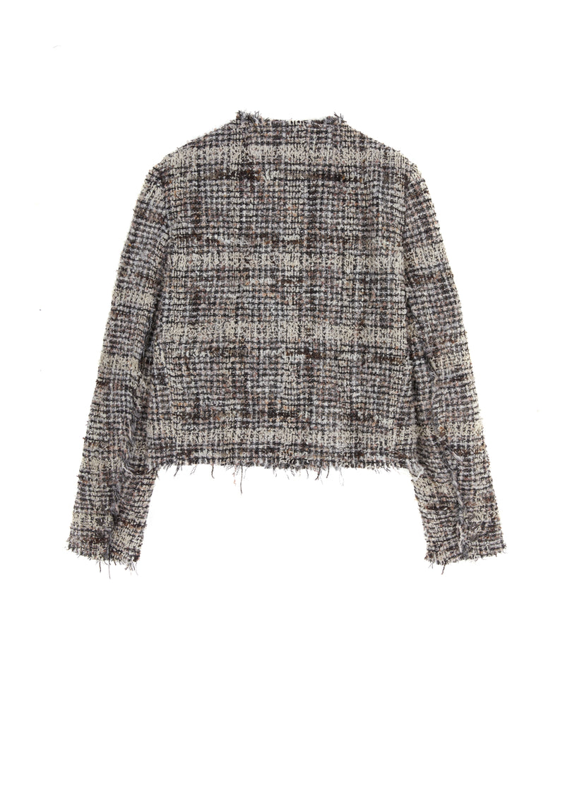 Moderne Damen Bouclé Kurzjacke mit Fransen & Statement-Knöpfen