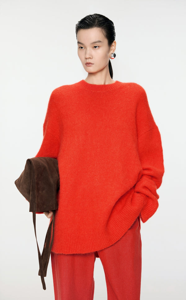 Damen Oversize Strickpullover in haariger Optik Orange/Rot