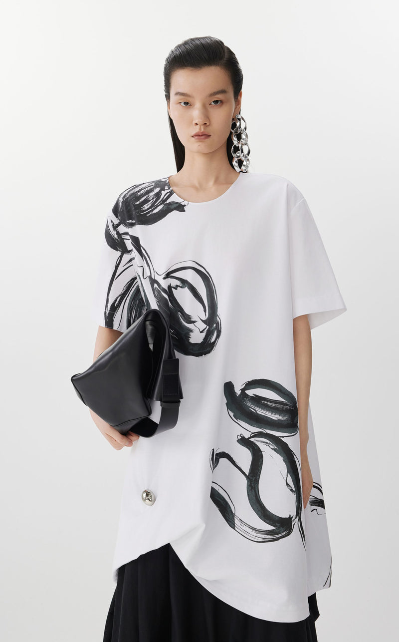 JNBY Künstlerisches Kleid mit asymmetrischem Saum und Metallbrosche WHITE