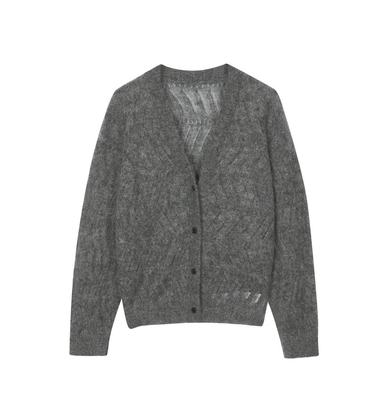 Damen Loose Cardigan mit Zickzack Strick und Pilling Effekt Grau