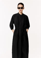 Damen Seidenkleid mit Knöpfen & Bindeband Schwarz