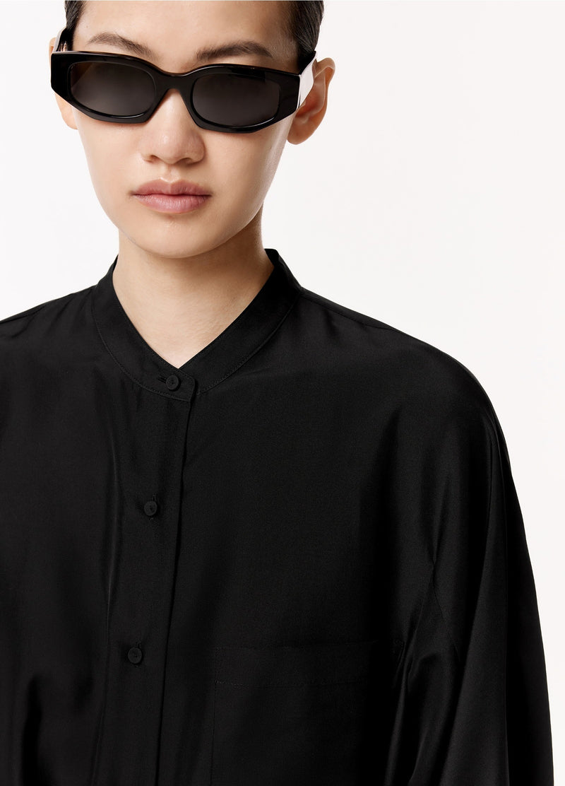 Damen Seidenkleid mit Knöpfen & Bindeband Schwarz