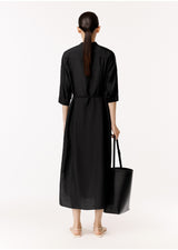 Damen Seidenkleid mit Knöpfen & Bindeband Schwarz