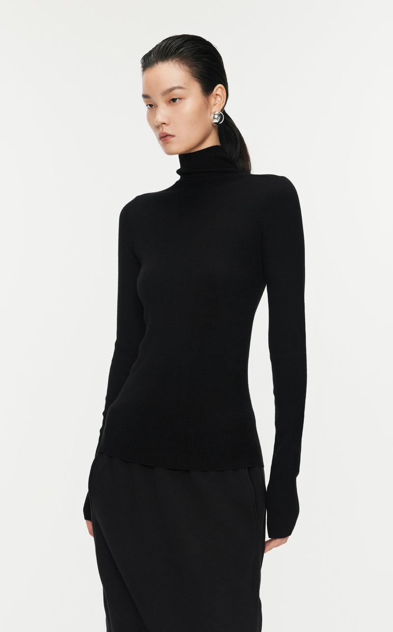 Damen Slim Strickpullover mit hohem Stehkragen Schwarz