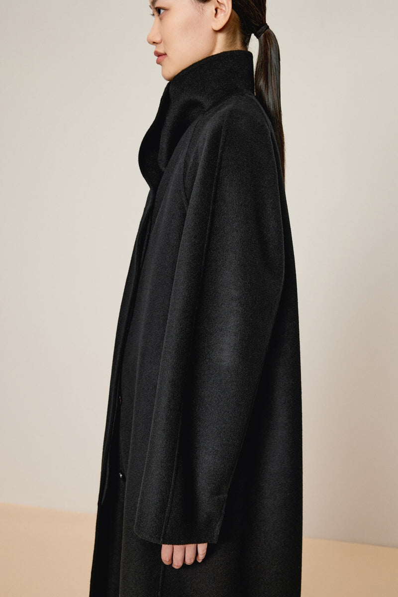 Damen Regular Wollmantel mit Stehkragen Schwarz