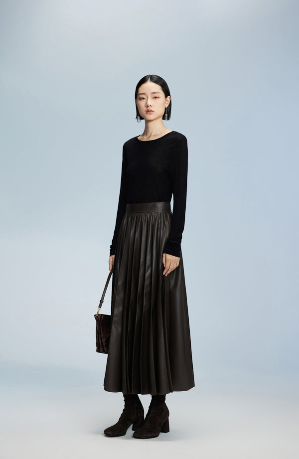 Damen Tellerrock in Lederoptik in Braun