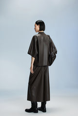 Damen Oversize Kunstleder Overshirt mit Reversekragen und Knöpfen