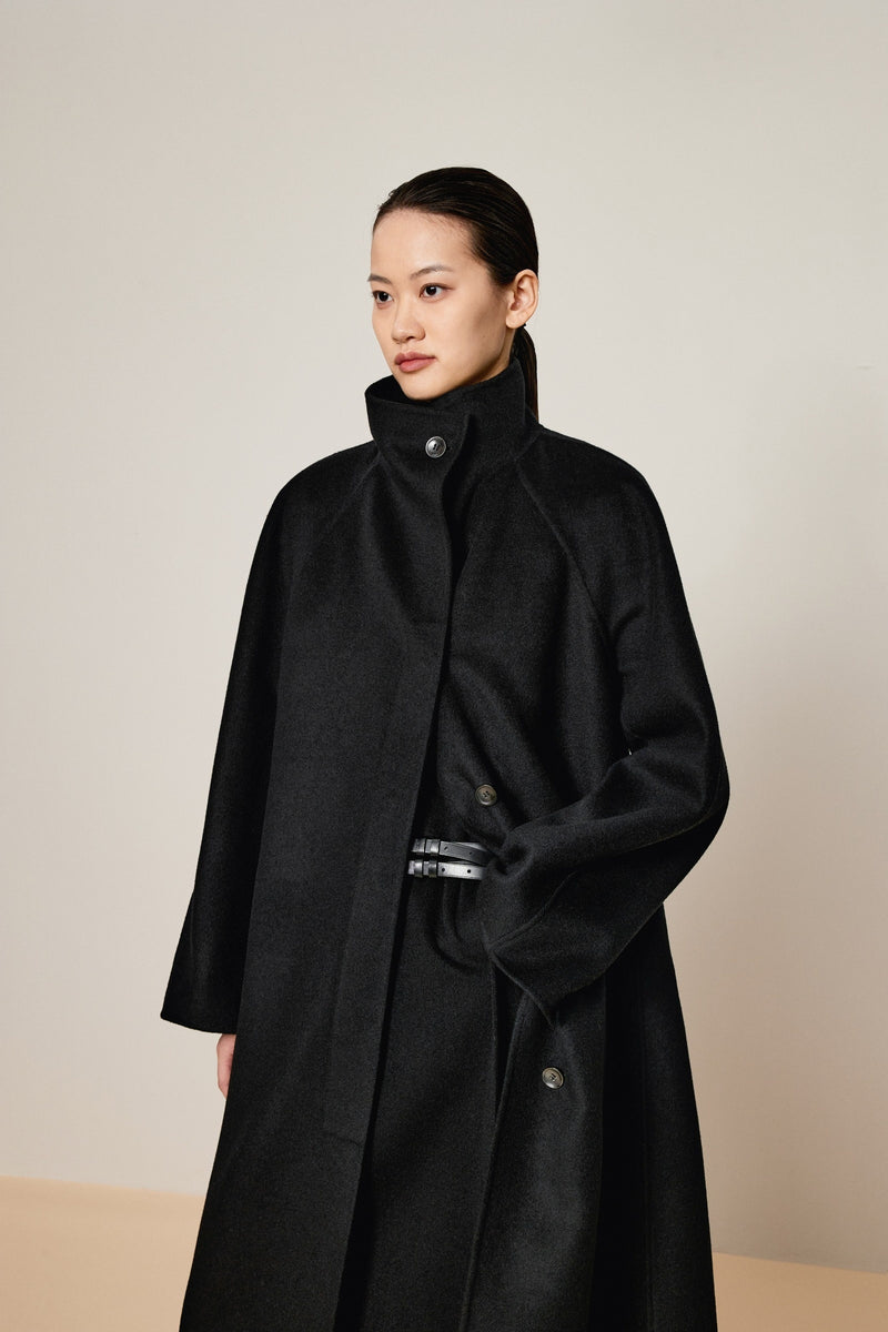 Damen Regular Wollmantel mit Stehkragen Schwarz