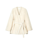 Damen Loose Lamm Felljacke mit Bindeband Off-White