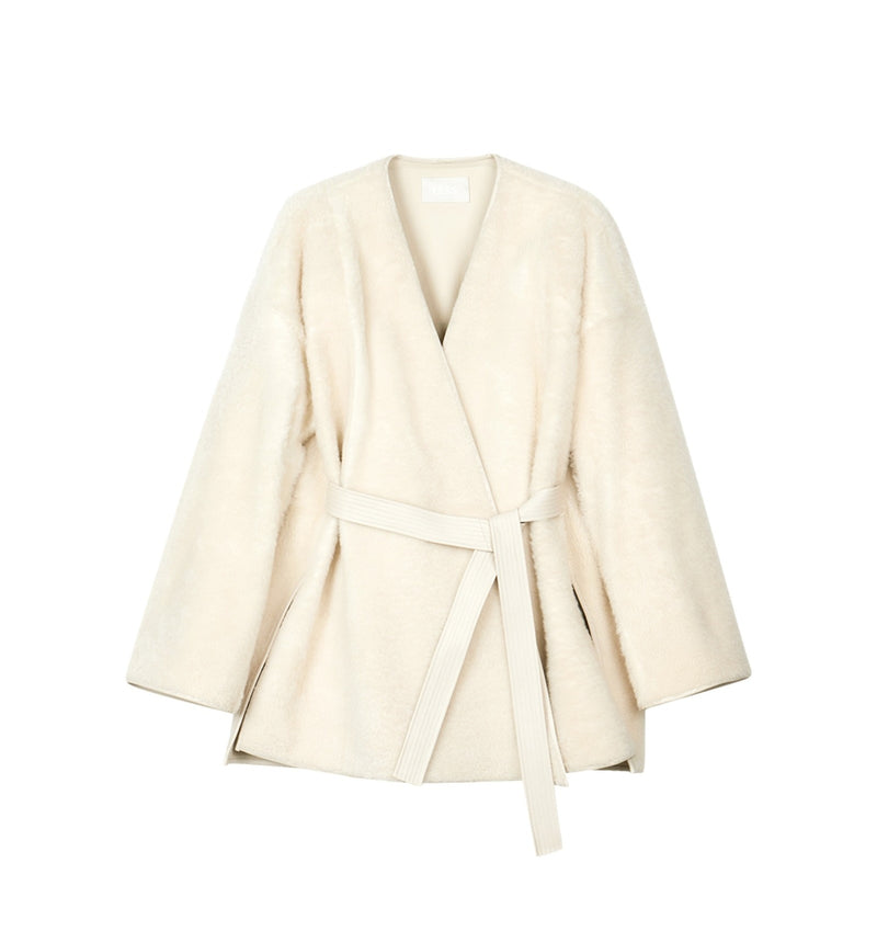 Damen Loose Lamm Felljacke mit Bindeband Off-White