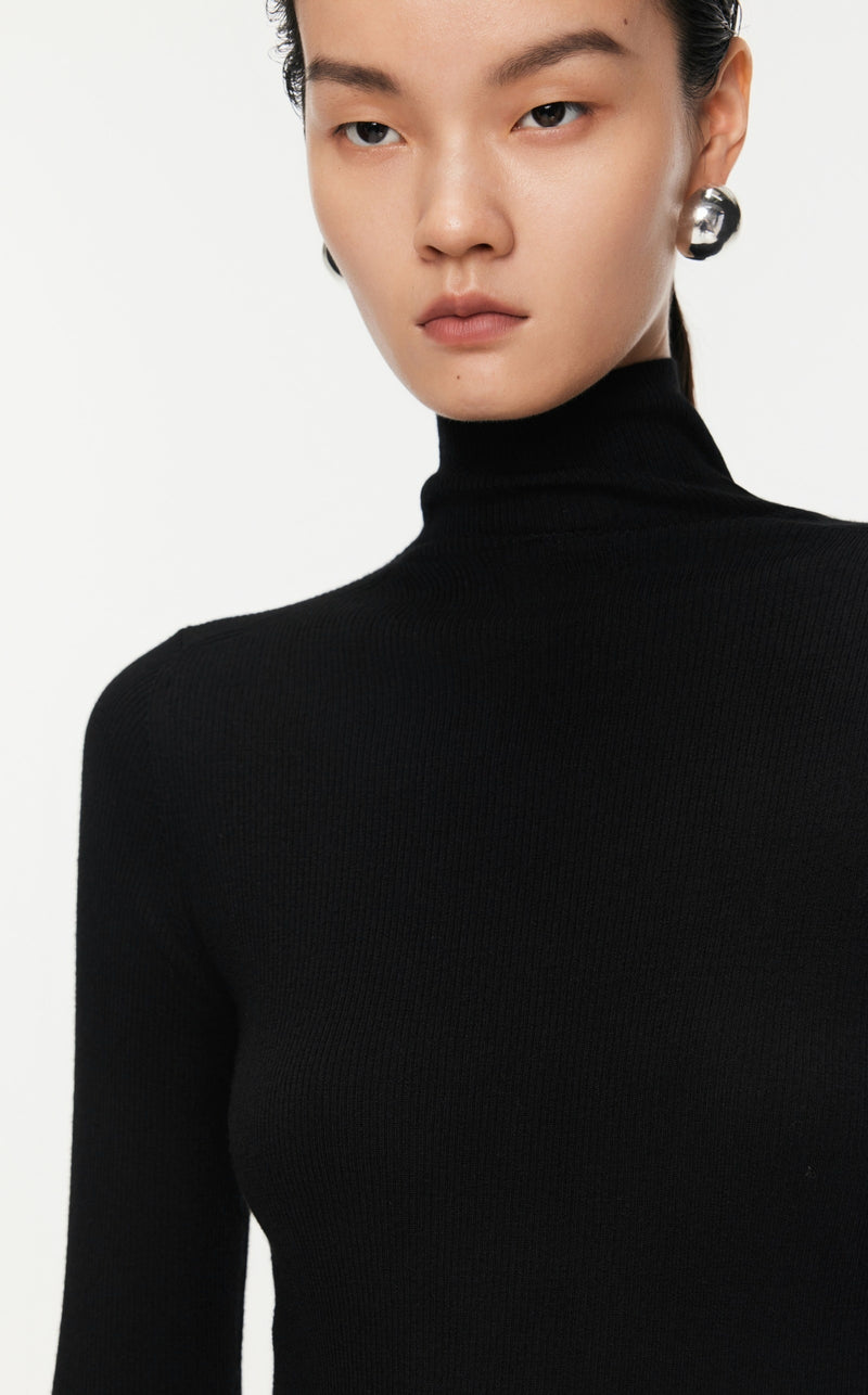 Damen Slim Strickpullover mit hohem Stehkragen Schwarz