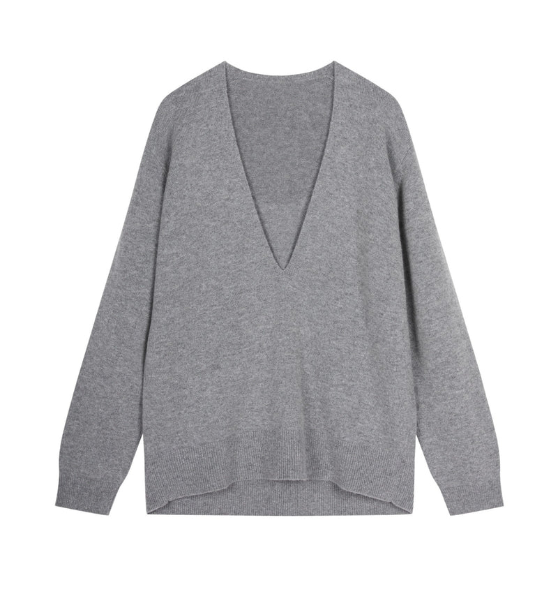 Damen Loose Strickpullover mit tiefem V-Ausschnitt Grau